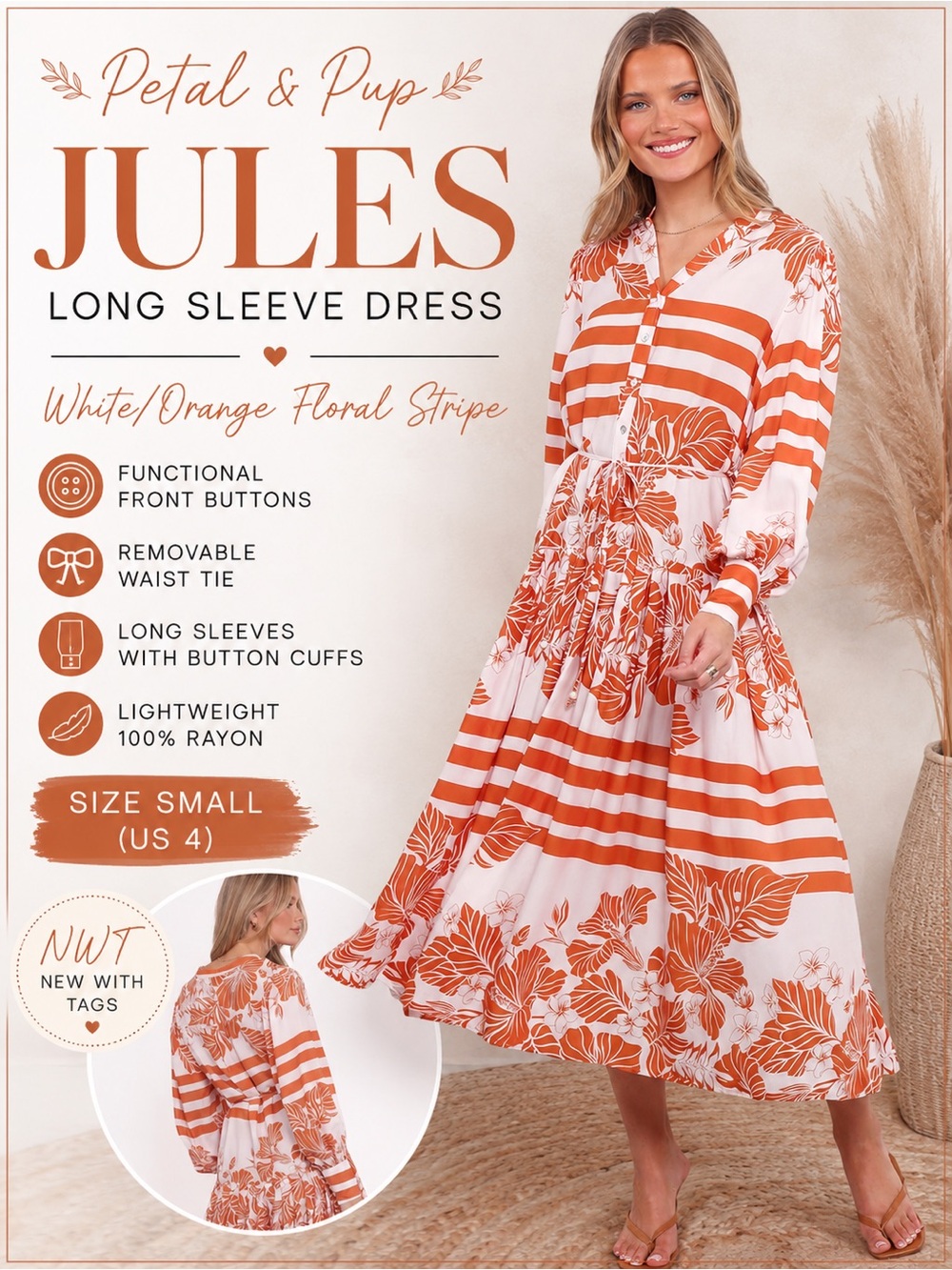 NWT Petal & Pup Jules Long Sleeve Midi Maxi‎ Dress Orange Floral Stripe S Small